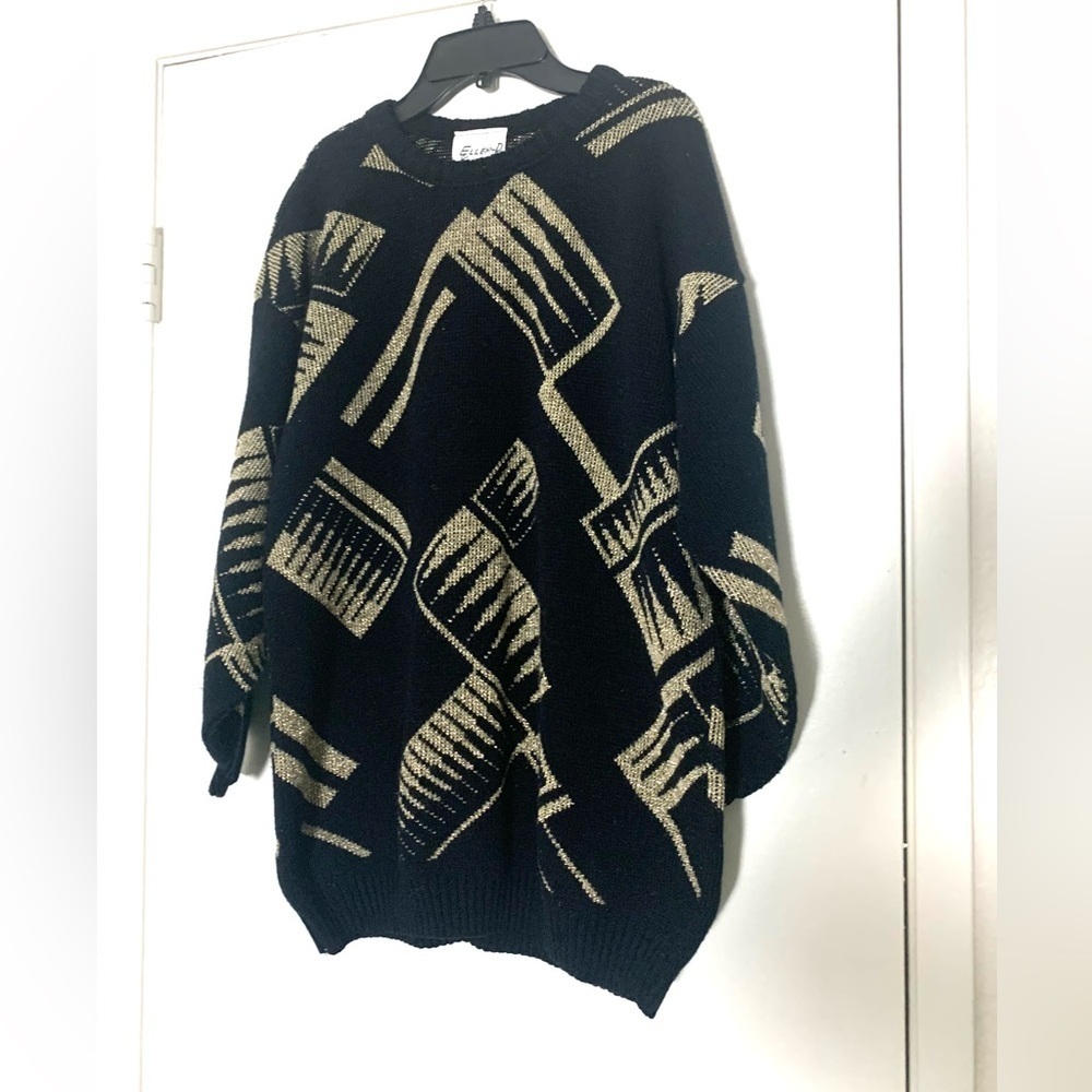 New Vintage Ellen D Collection Abstract Sweater Mini Dress Black Gold Large - Picture 3 of 9